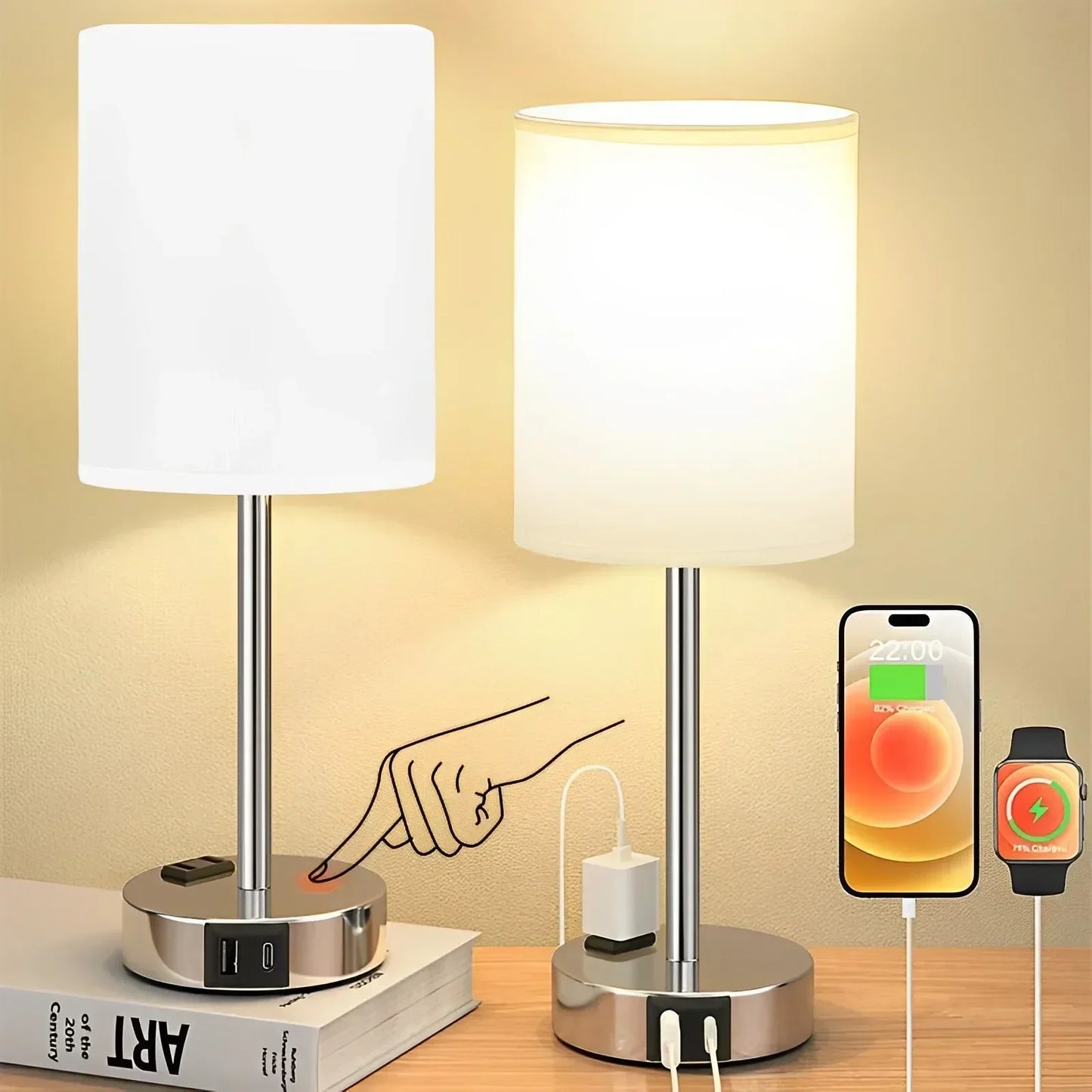 Dimmable Touch Table Lamp with USB C Port and AC Outlet