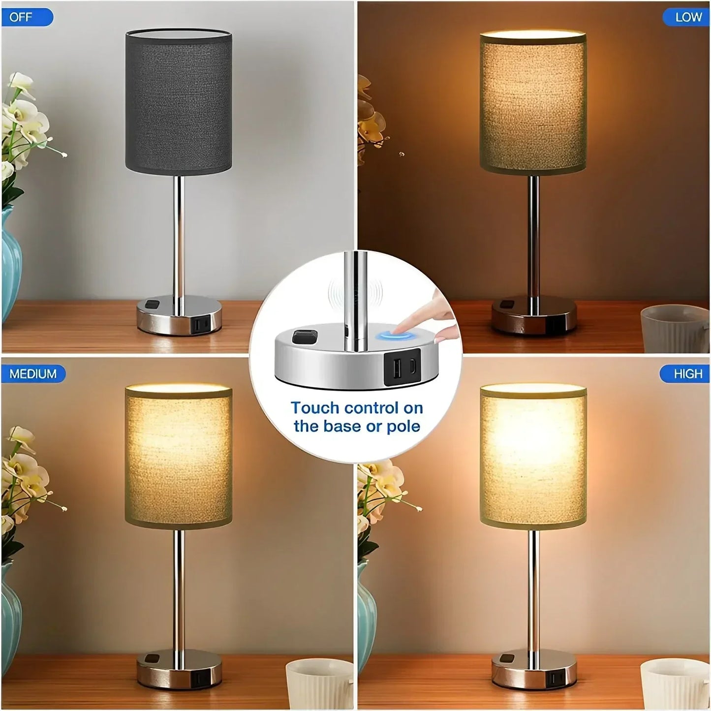 Dimmable Touch Table Lamp with USB C Port and AC Outlet