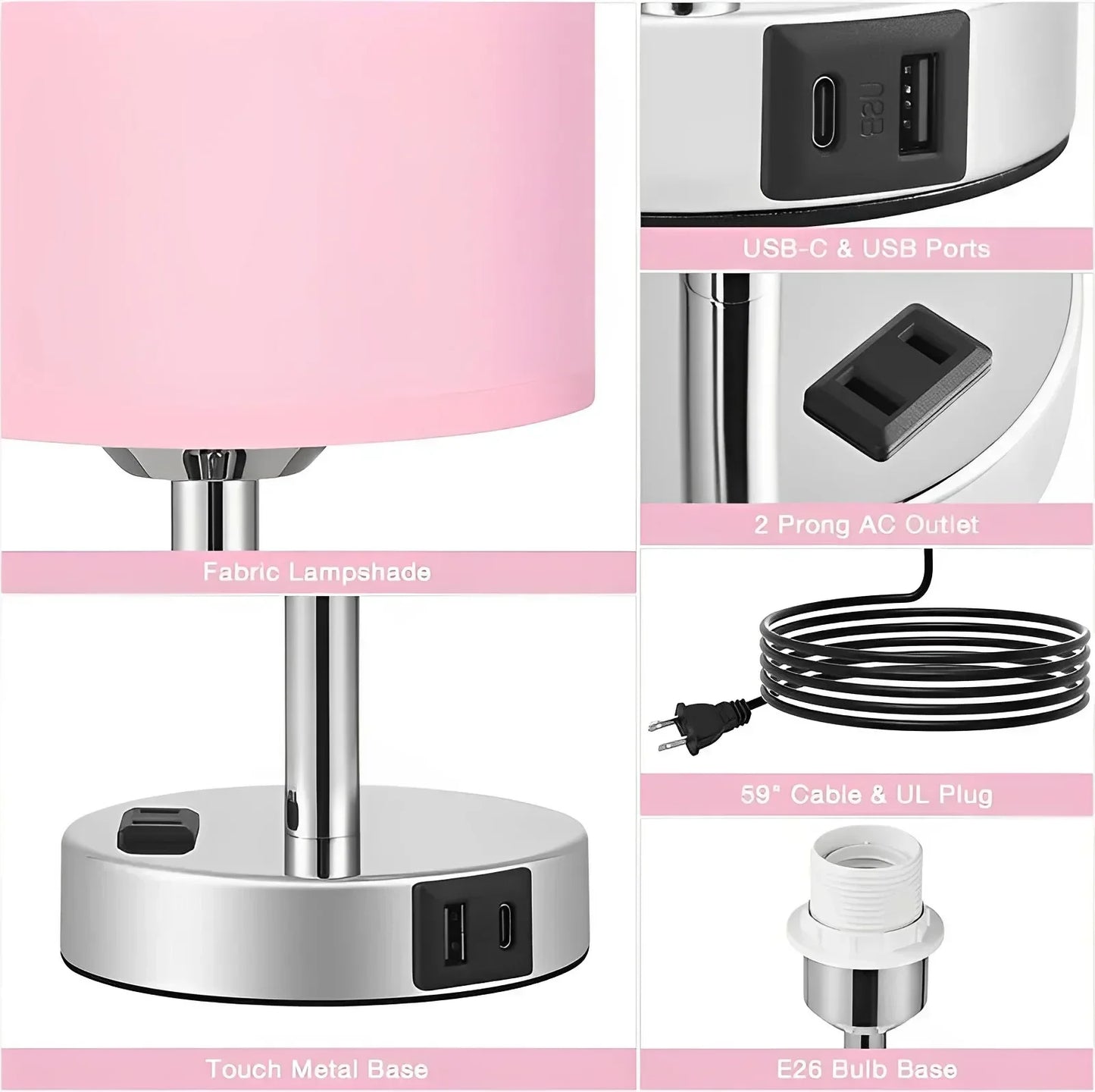 Dimmable Touch Table Lamp with USB C Port and AC Outlet