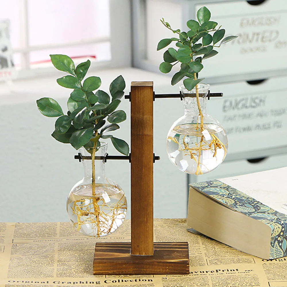 Wooden Glass Desktop Planter Bulb Vase