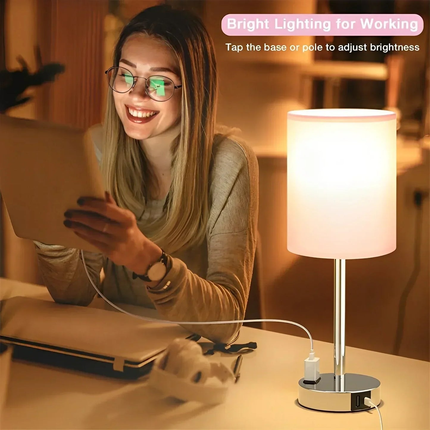 Dimmable Touch Table Lamp with USB C Port and AC Outlet